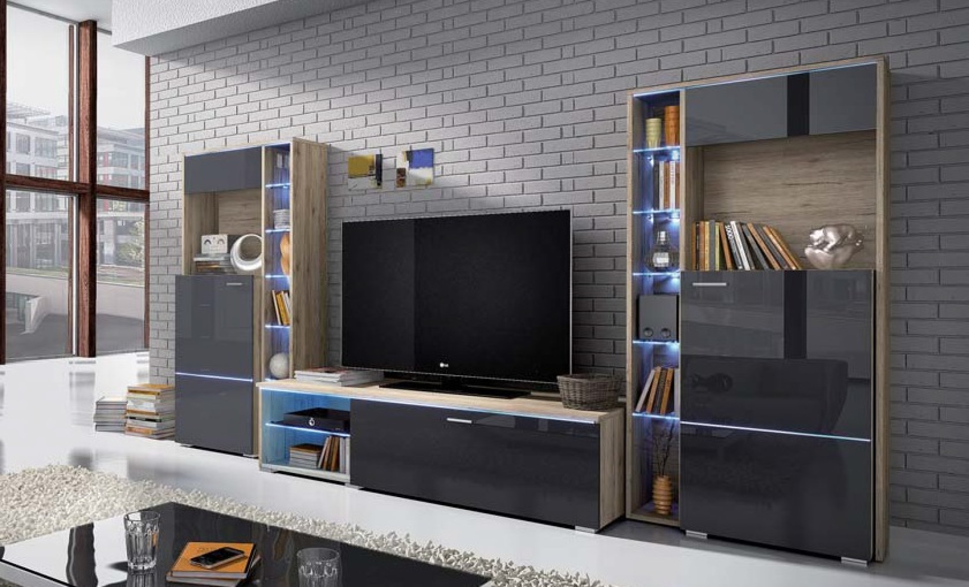 Dnevna soba Anton (hrast, antracit)-Mali set-z osvetlitvijo