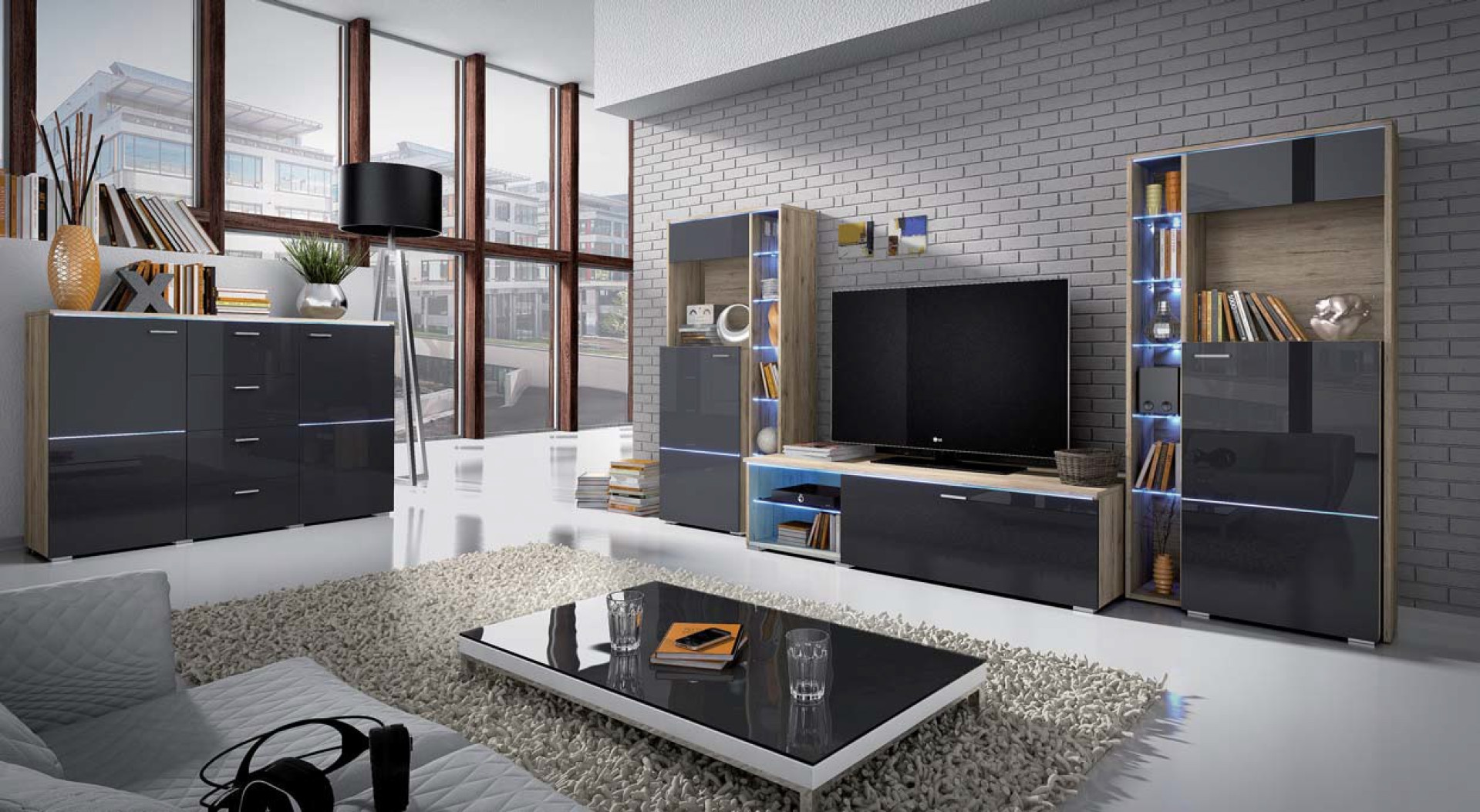 Dnevna soba Anton (hrast, antracit)-Veliki set-z osvetlitvijo komoda