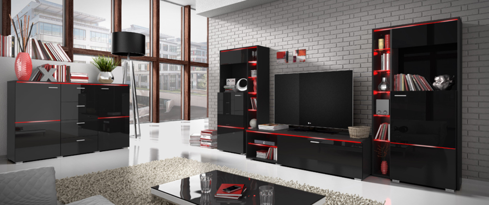 Dnevna soba Anton (črna, visoki sijaj)-Veliki set-osvetlitev-komoda