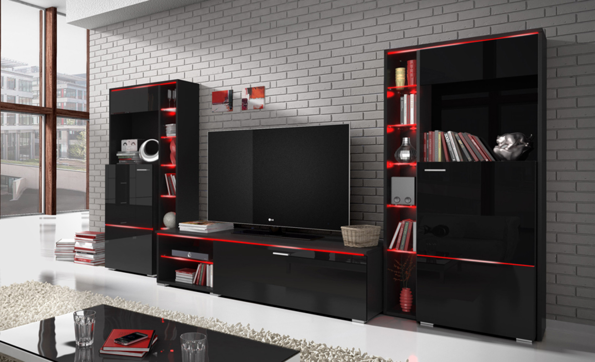 Dnevna soba Anton (črna, visoki sijaj)-Mali set-z osvetlitvijo