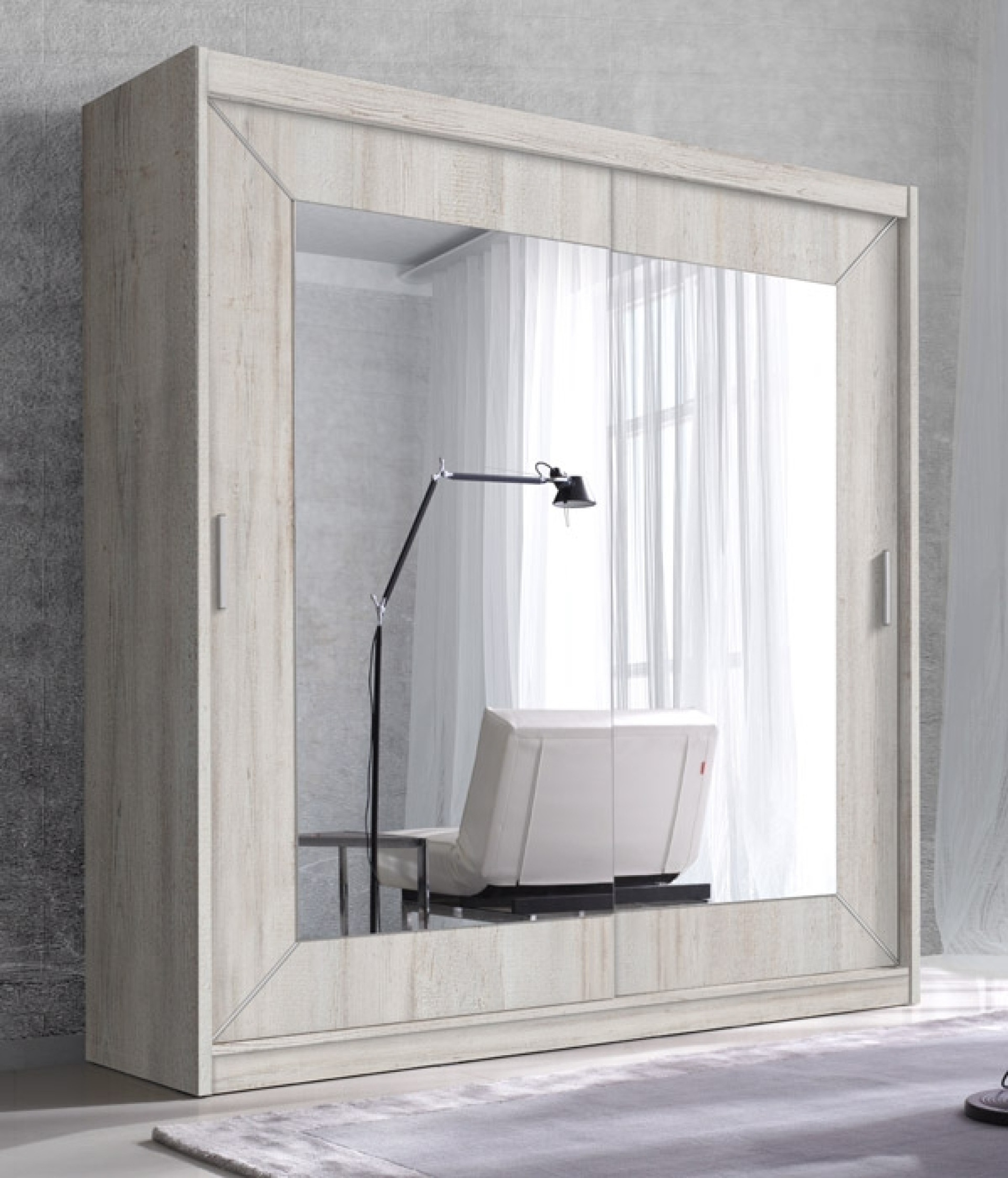 Garderobna omara z drsnimi vrati in ogledalom Alfa (bor bela)-200-RAZPRODAJA