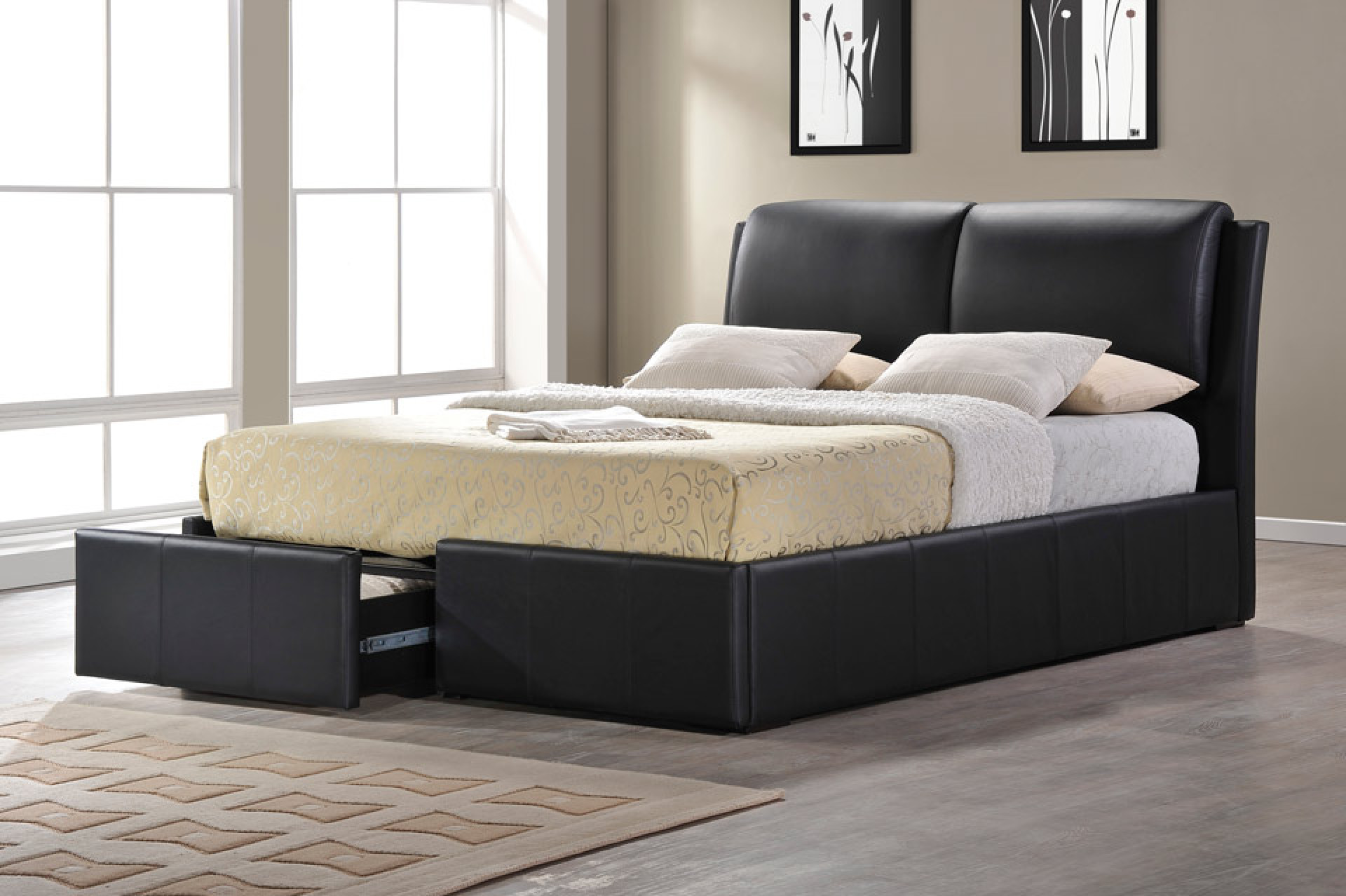 Postelja Drawer (umetno usnje, bela ali črna)