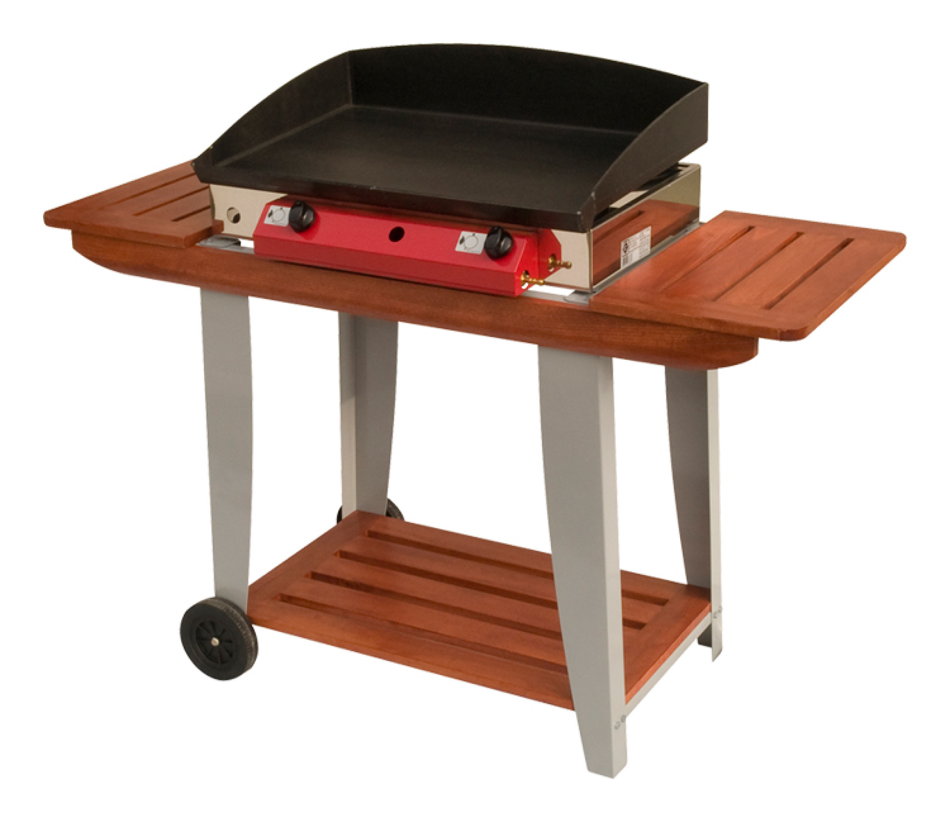 Plinski žar 65x40 z visoko Fe 5mm ploščo in dvema gorilnikoma z lesenim vozičkom