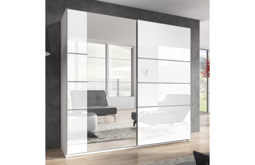 Garderobna omara z drsnimi vrati Beta (bela/bela visok sijaj)